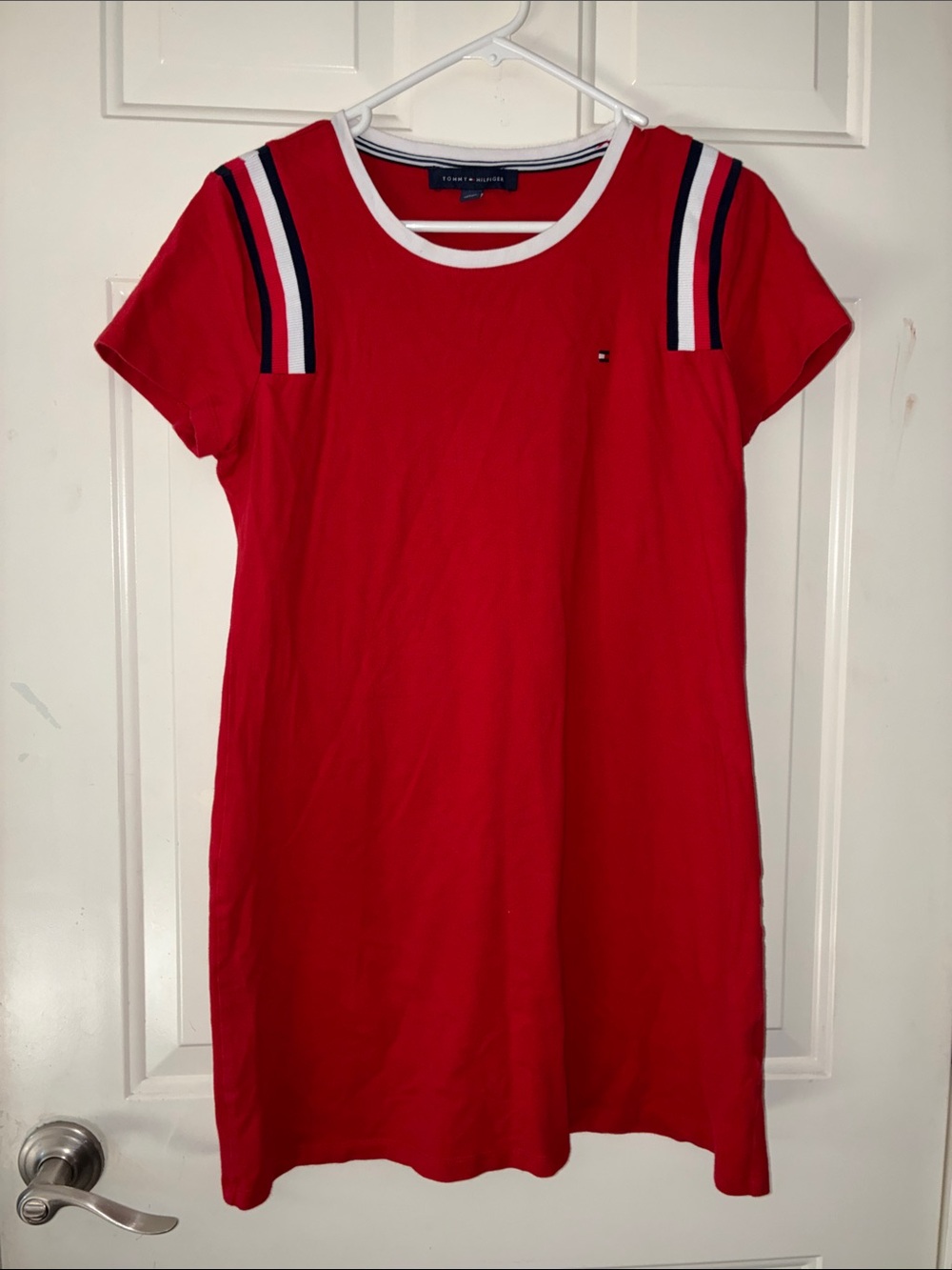 Tommy Hilfiger Red Short Sleeve T-Shirt Dress with Stripe Accents